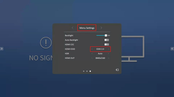 V3X inputs menu EDID settings highlighted